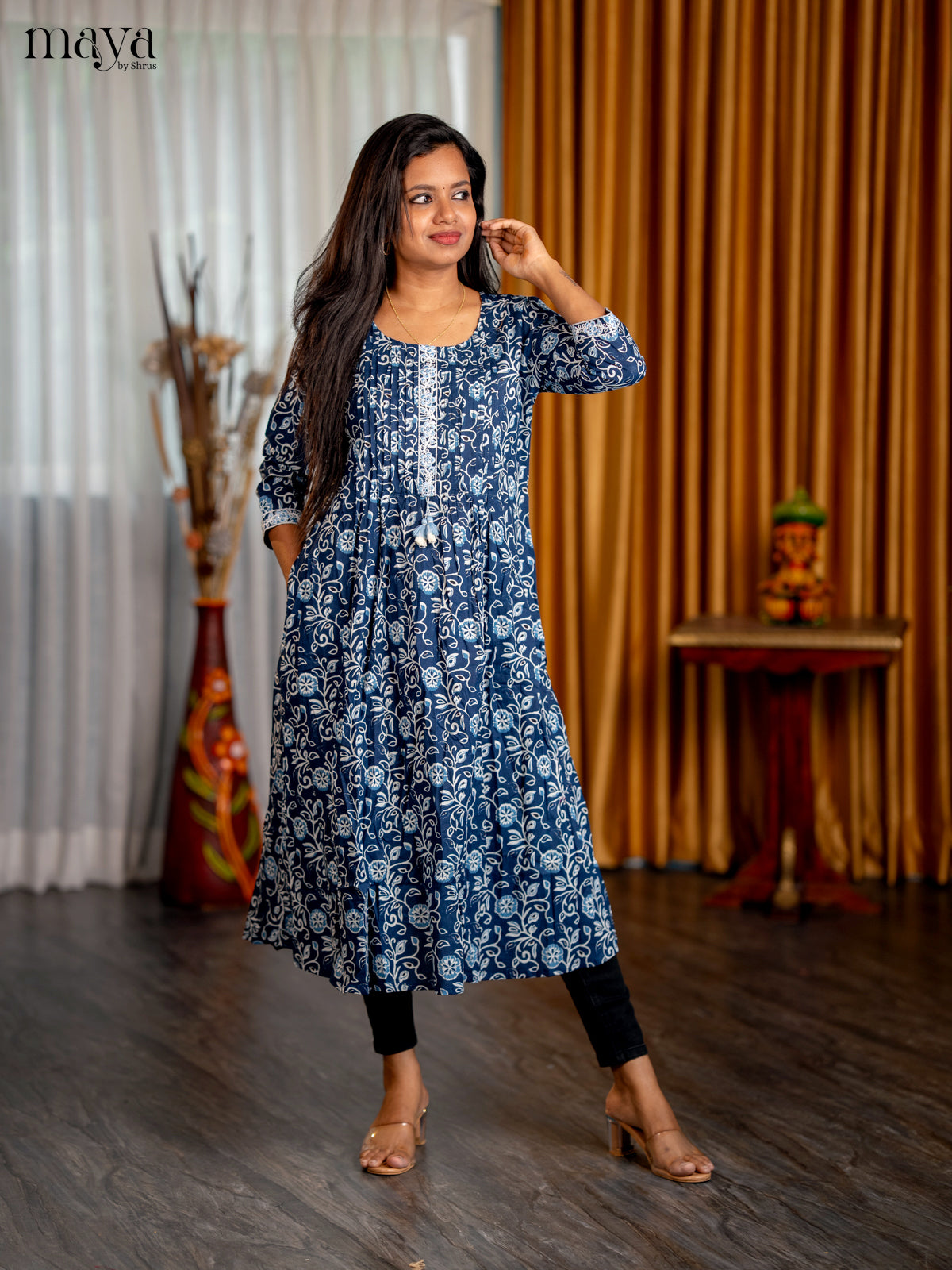 Indigo Blue Floral Printed Cotton Anarkali Kurti