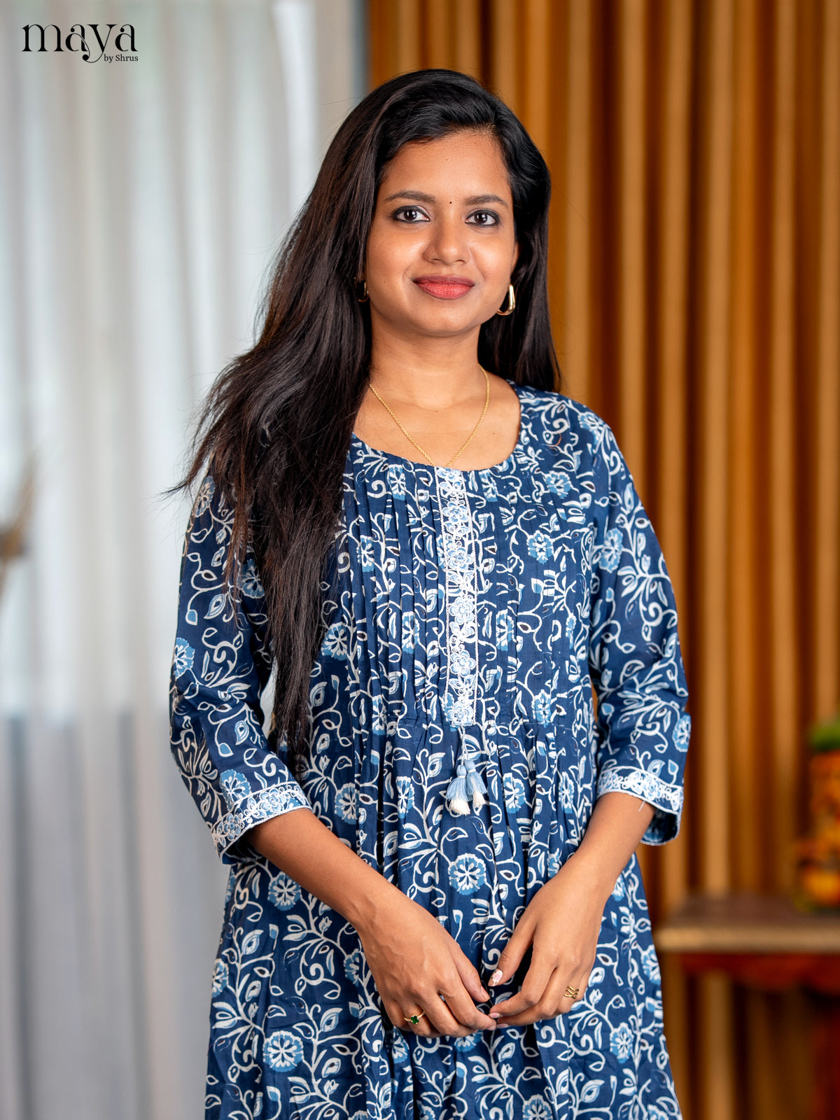 Indigo Blue Floral Printed Cotton Anarkali Kurti