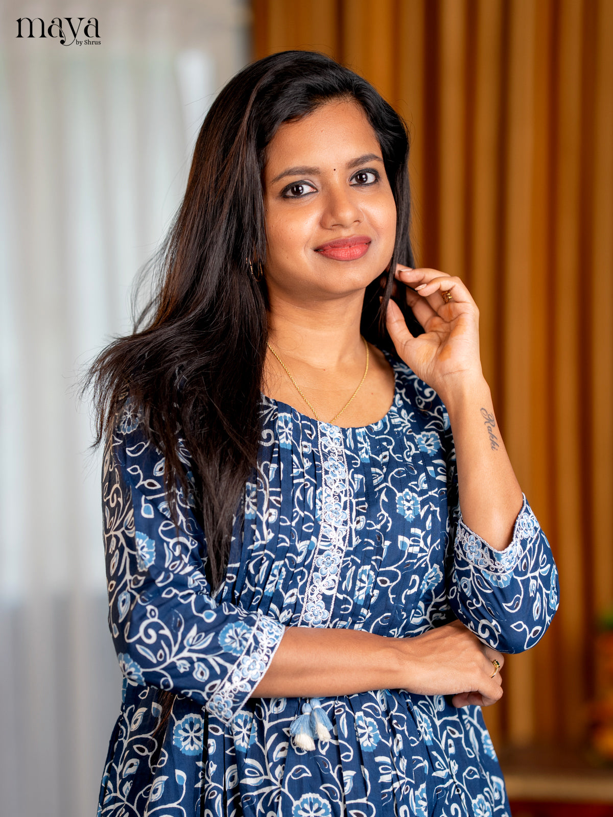 Indigo Blue Floral Printed Cotton Anarkali Kurti