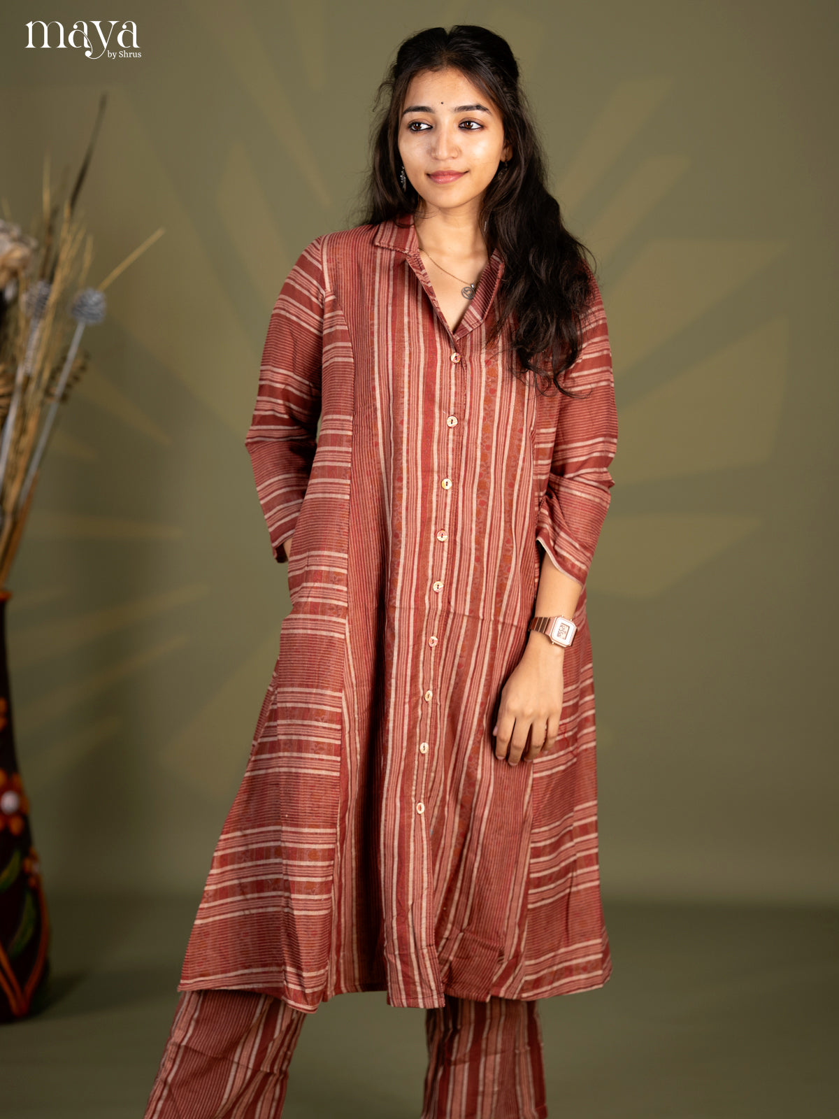 Brown Cotton 2pc Stripe Print Salwar Suit - Top & Bottom