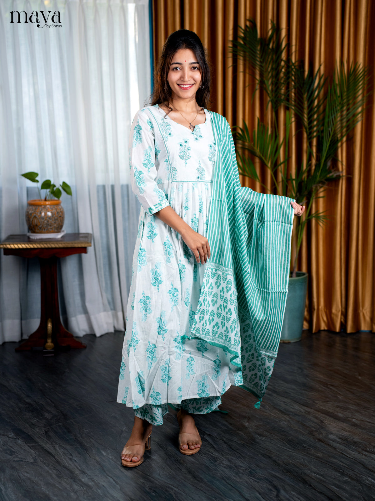 white with pastel Greem 3pc Salwar Suit - Top, Bottom & Dupatta