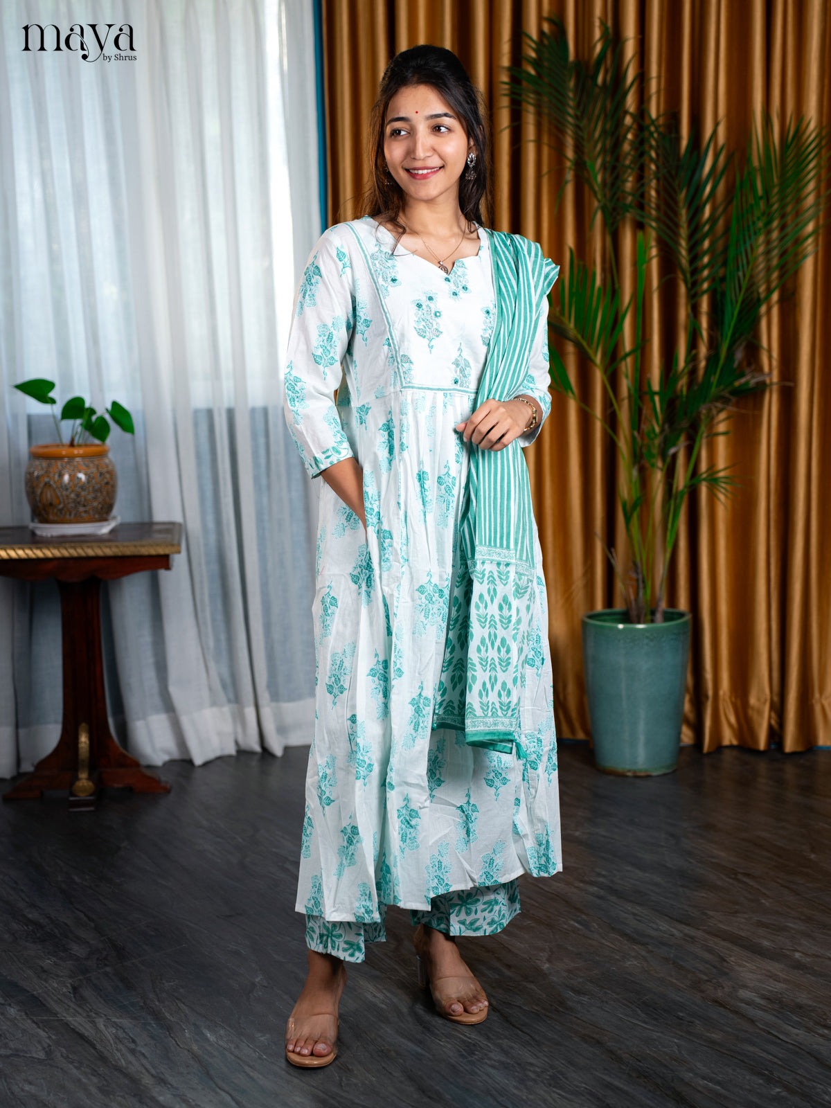 white with pastel Greem 3pc Salwar Suit - Top, Bottom & Dupatta