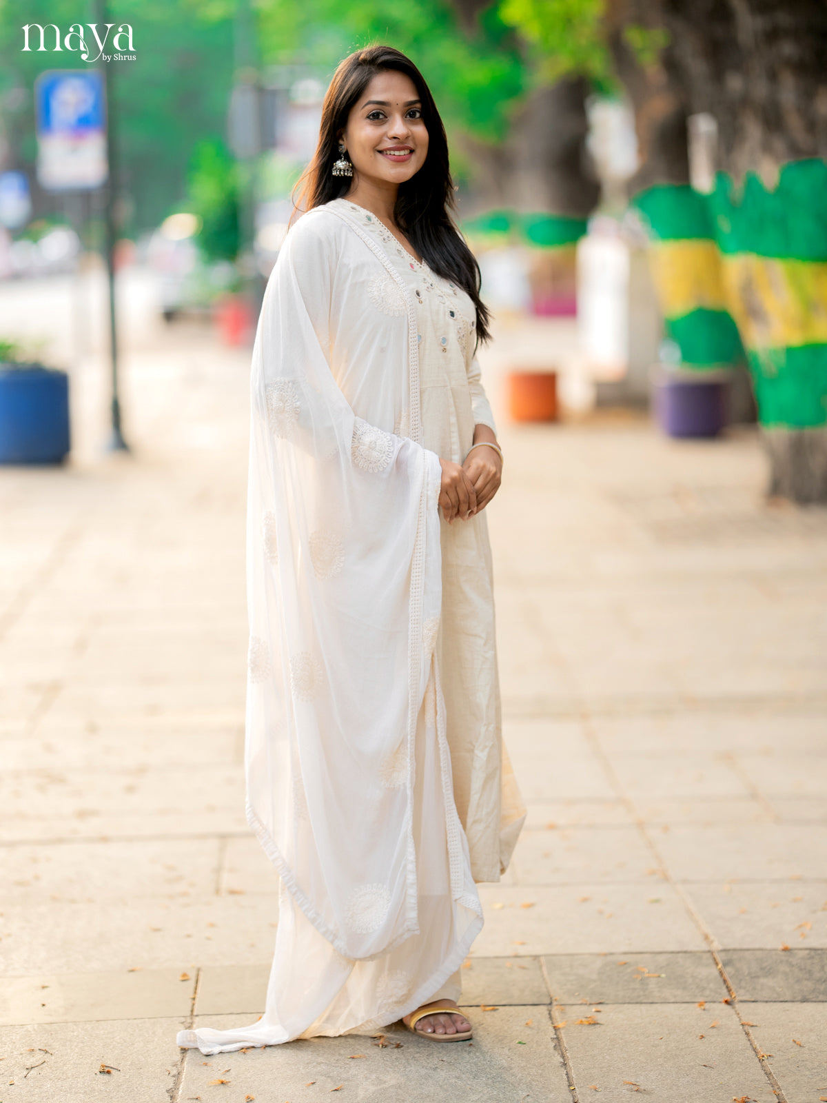 Cream Cotton 3pc Salwar Suit with Solid Mirror - Top, Bottom & Dupatta