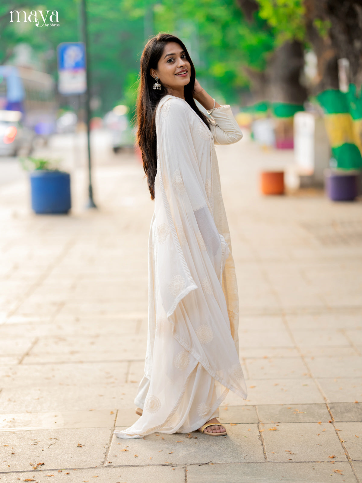 Cream Cotton 3pc Salwar Suit with Solid Mirror - Top, Bottom & Dupatta