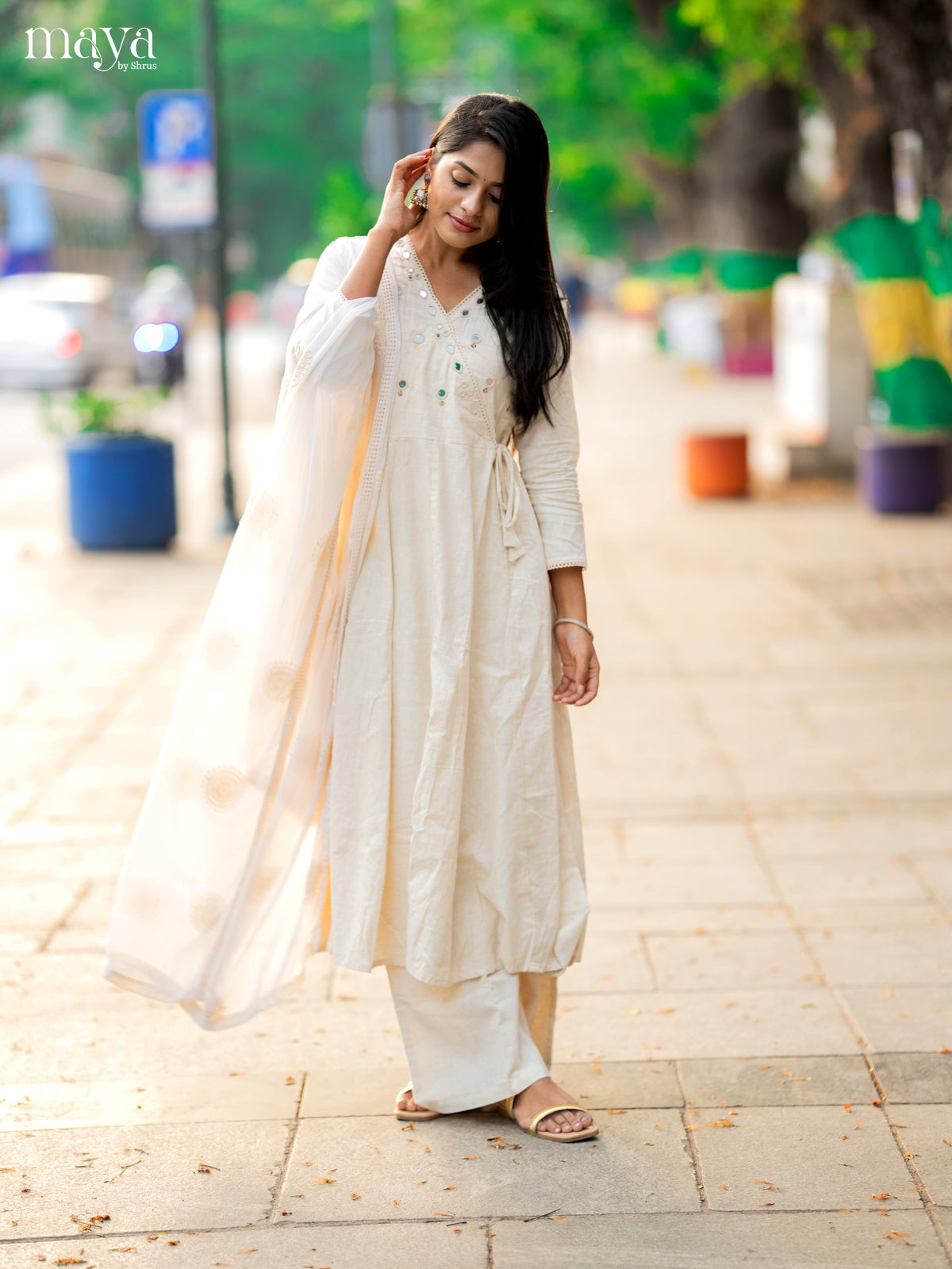 Cream Cotton 3pc Salwar Suit with Solid Mirror - Top, Bottom & Dupatta