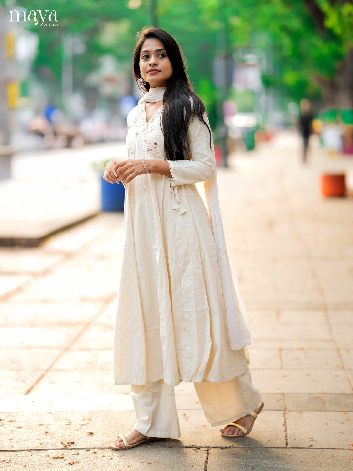 Cream Cotton 3pc Salwar Suit with Solid Mirror - Top, Bottom & Dupatta