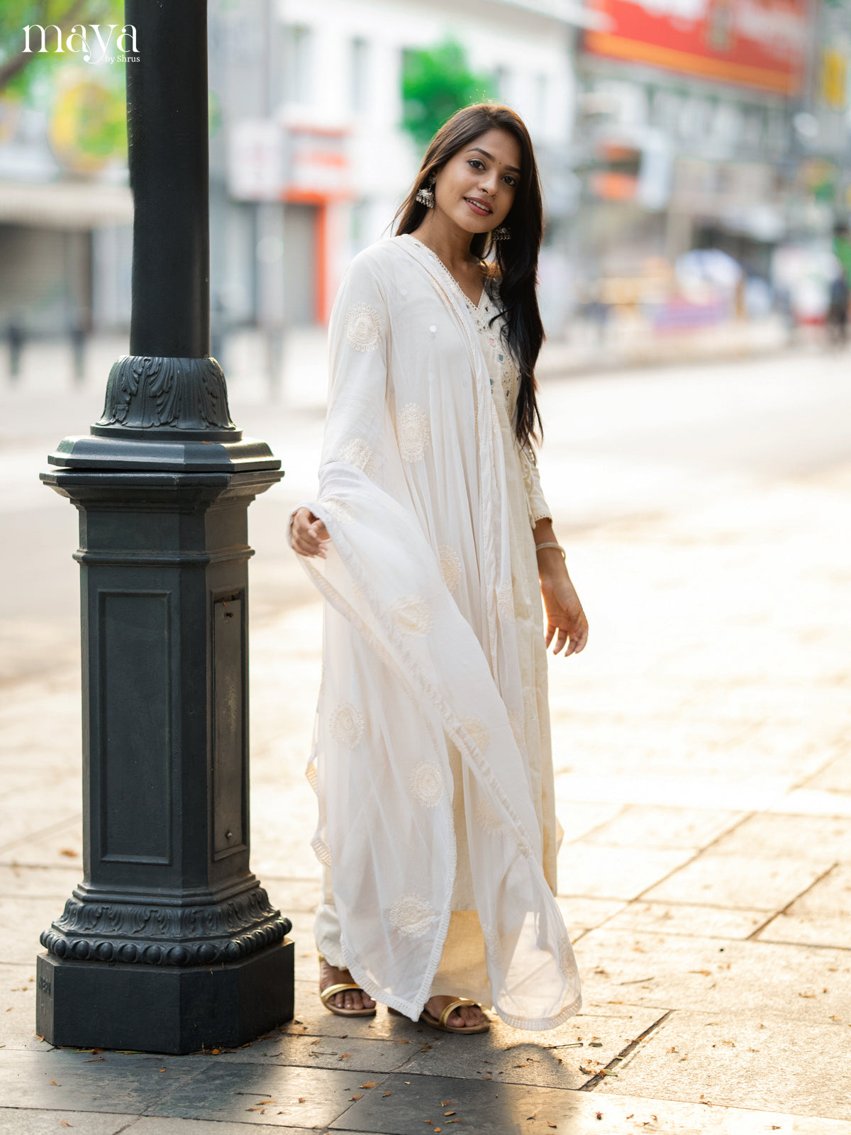Cream Cotton 3pc Salwar Suit with Solid Mirror - Top, Bottom & Dupatta
