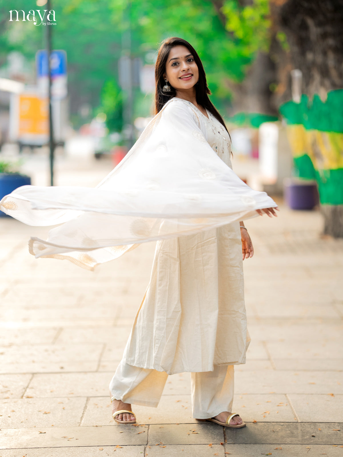 Cream Cotton 3pc Salwar Suit with Solid Mirror - Top, Bottom & Dupatta