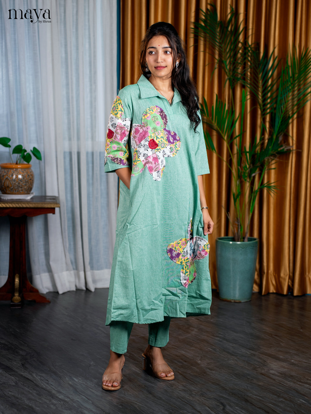 Green Cotton 2pc Patchwork Floral Print Salwar Suit - Top & Bottom