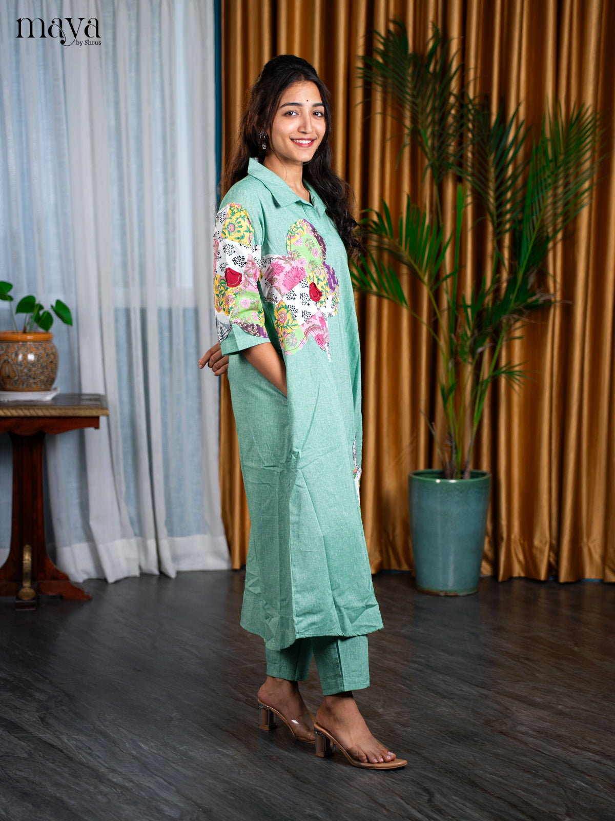 Green Cotton 2pc Patchwork Floral Print Salwar Suit - Top & Bottom