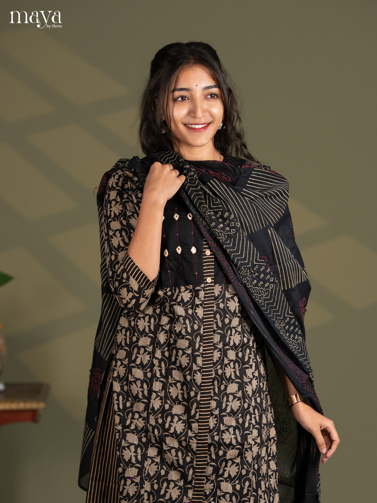 Black Cotton 2pc Embroidered Mirror work Salwar Suit - Top & Bottom