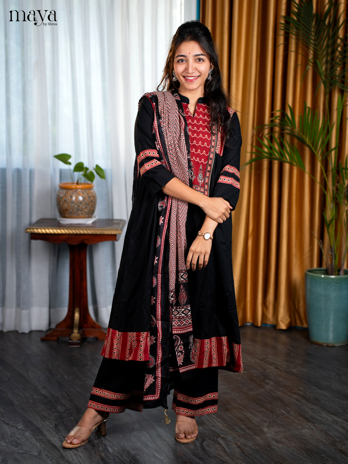 Black Cotton 3pc Salwar Suit with Floral Print - Top, Bottom & Dupatta