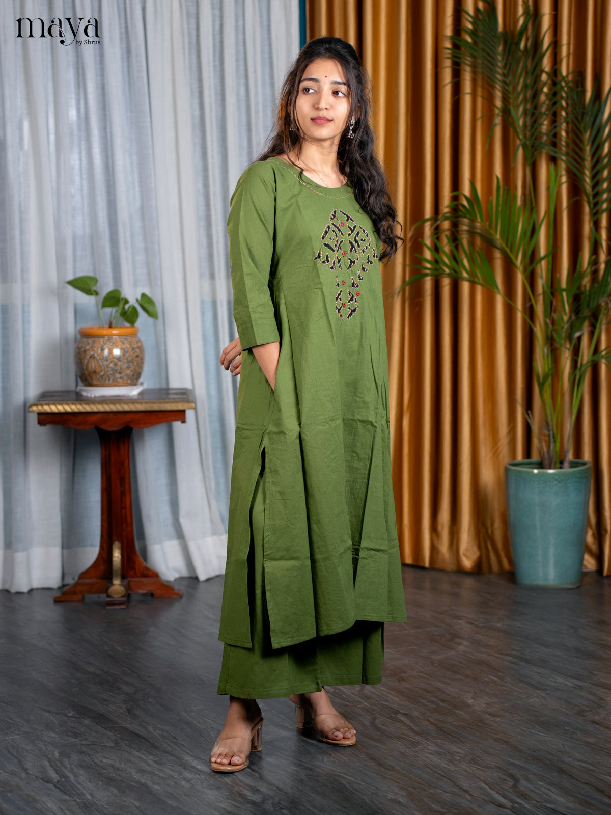 Military Green Cotton 2pc Patchwork Salwar Suit - Top & Bottom