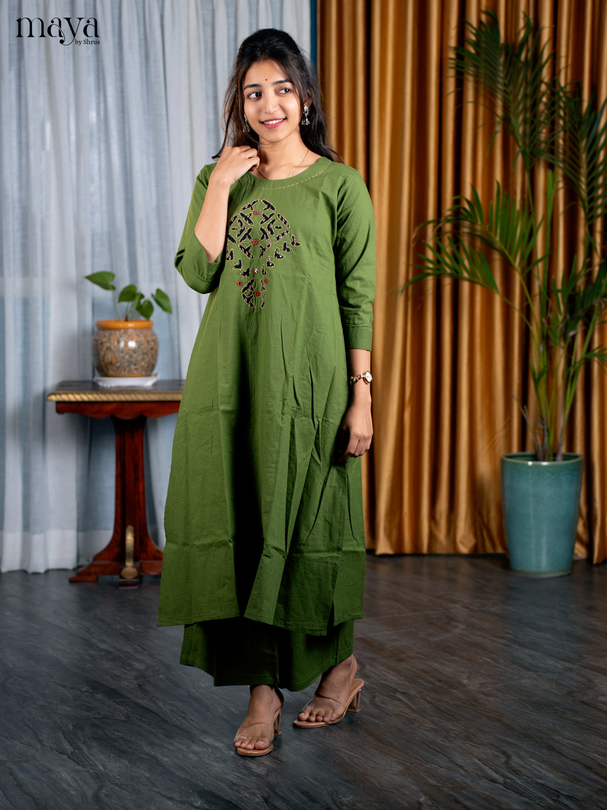 Military Green Cotton 2pc Patchwork Salwar Suit - Top & Bottom