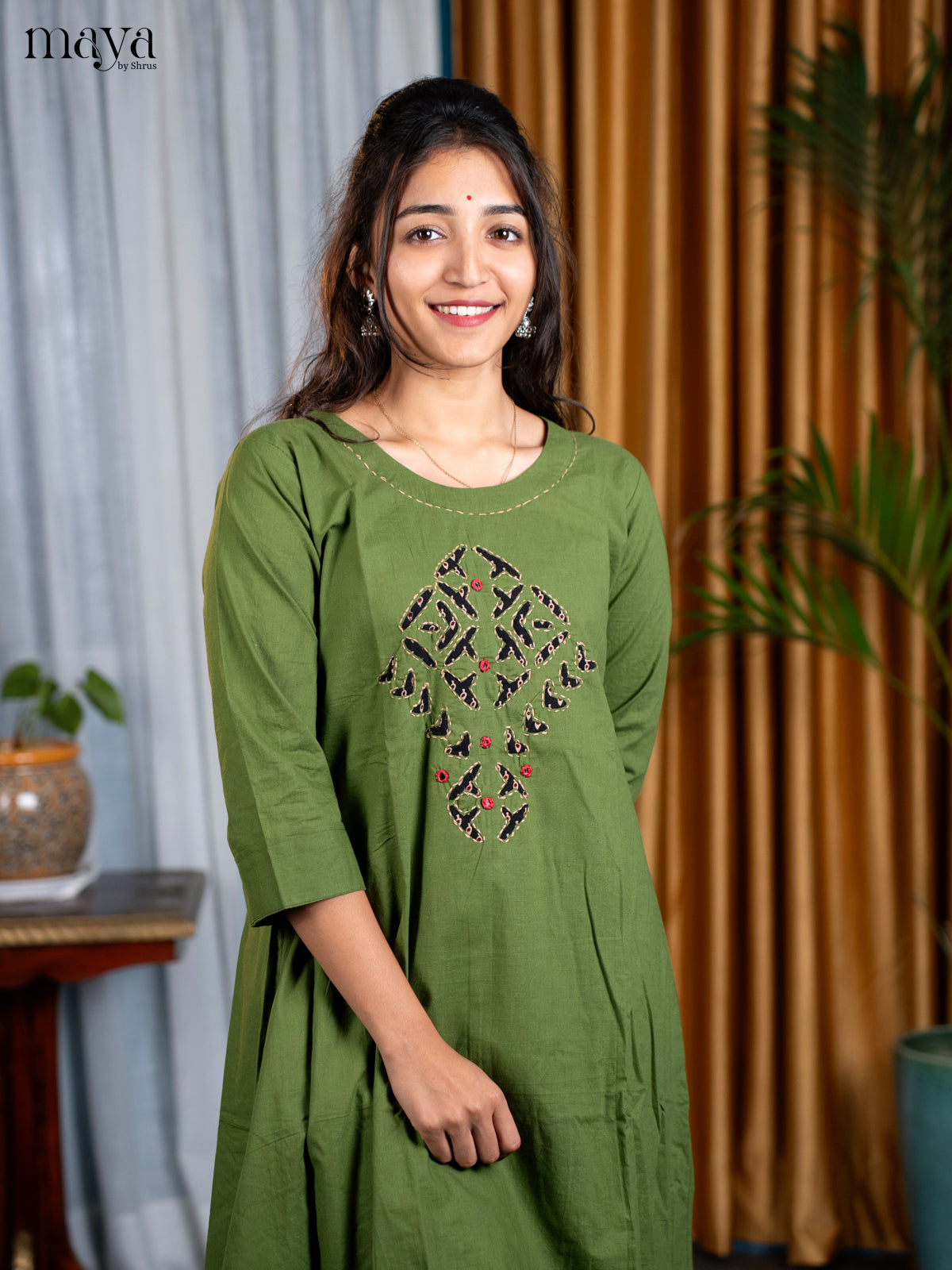 Military Green Cotton 2pc Patchwork Salwar Suit - Top & Bottom