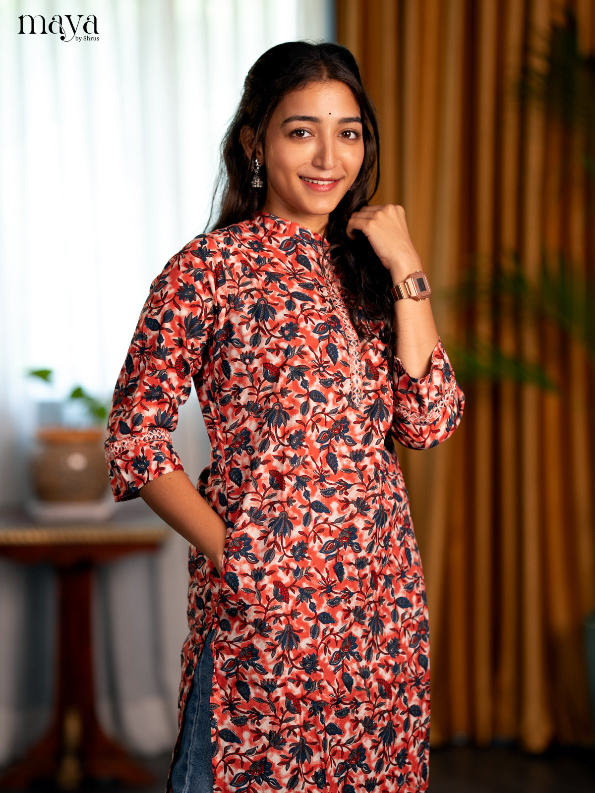 Rust Floral Printed Cotton Straight Kurti