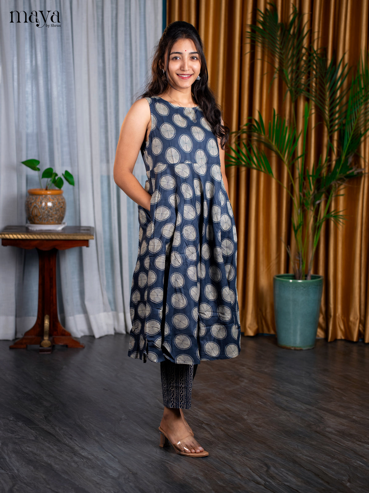 Navy Blue Cotton 2pc Block Print Salwar Suit - Top & Bottom