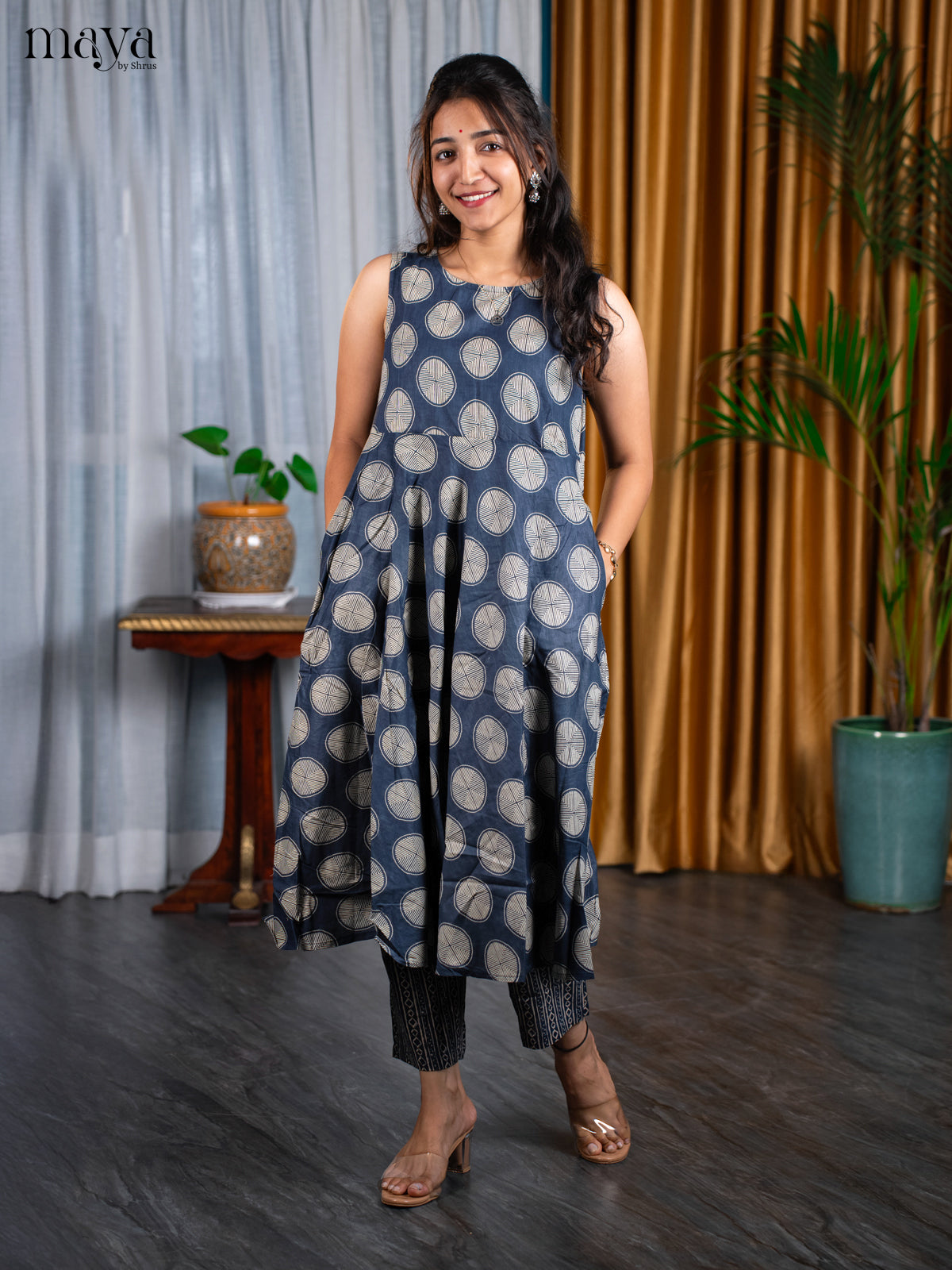 Navy Blue Cotton 2pc Block Print Salwar Suit - Top & Bottom