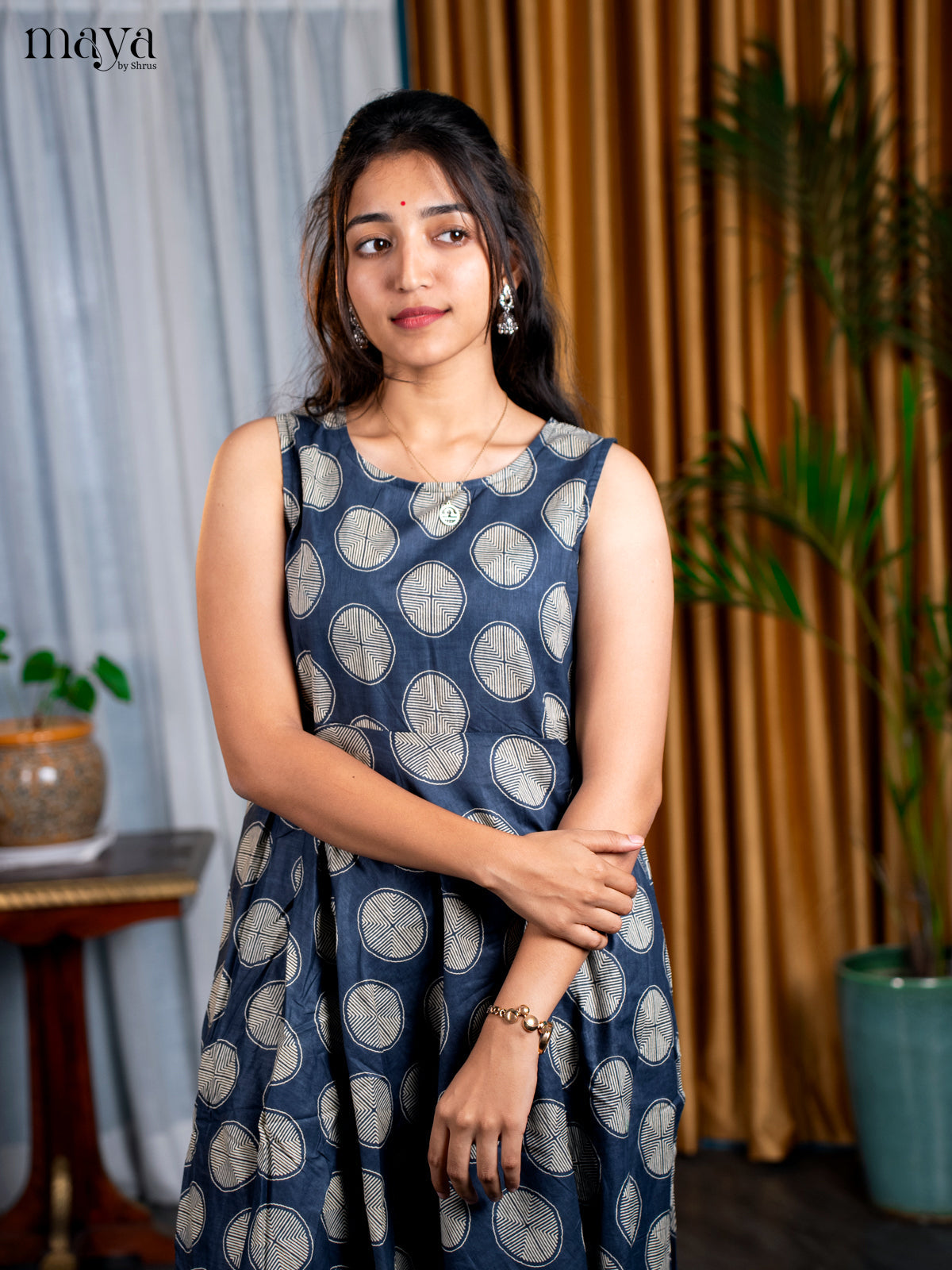 Navy Blue Cotton 2pc Block Print Salwar Suit - Top & Bottom