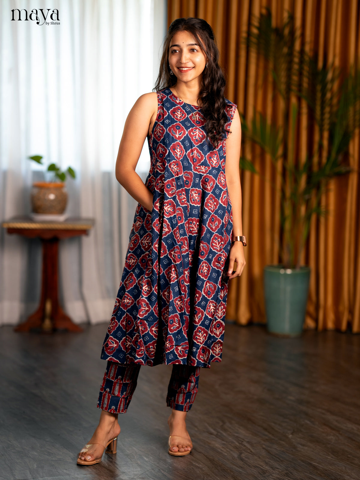 Indigo Blue Cotton 2pc Ajrakh Print Salwar Suit - Top & Bottom
