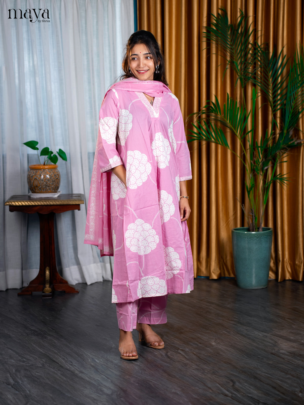 Pink Cotton 3pc Salwar Suit with Floral Print - Top, Bottom & Dupatta