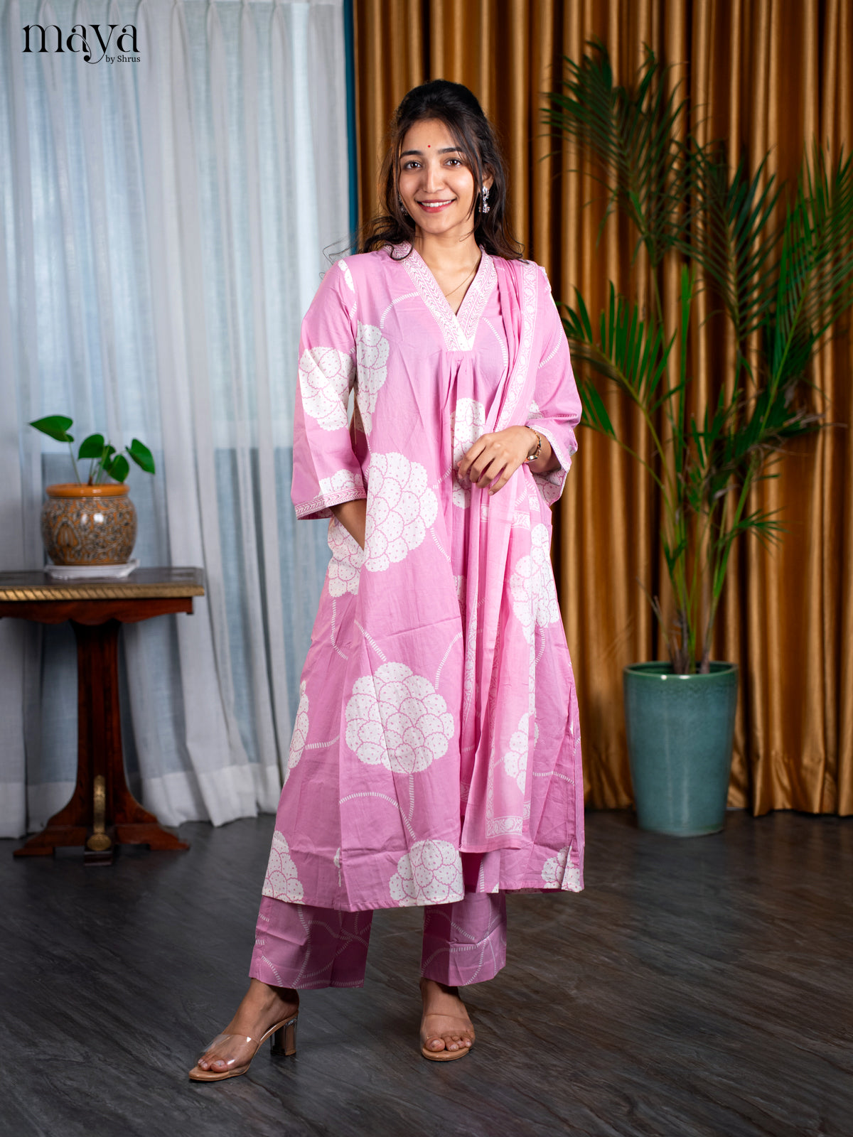 Pink Cotton 3pc Salwar Suit with Floral Print - Top, Bottom & Dupatta