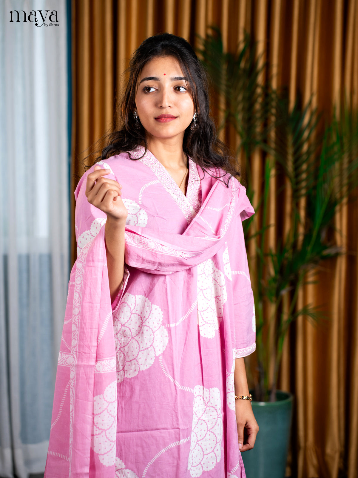 Pink Cotton 3pc Salwar Suit with Floral Print - Top, Bottom & Dupatta
