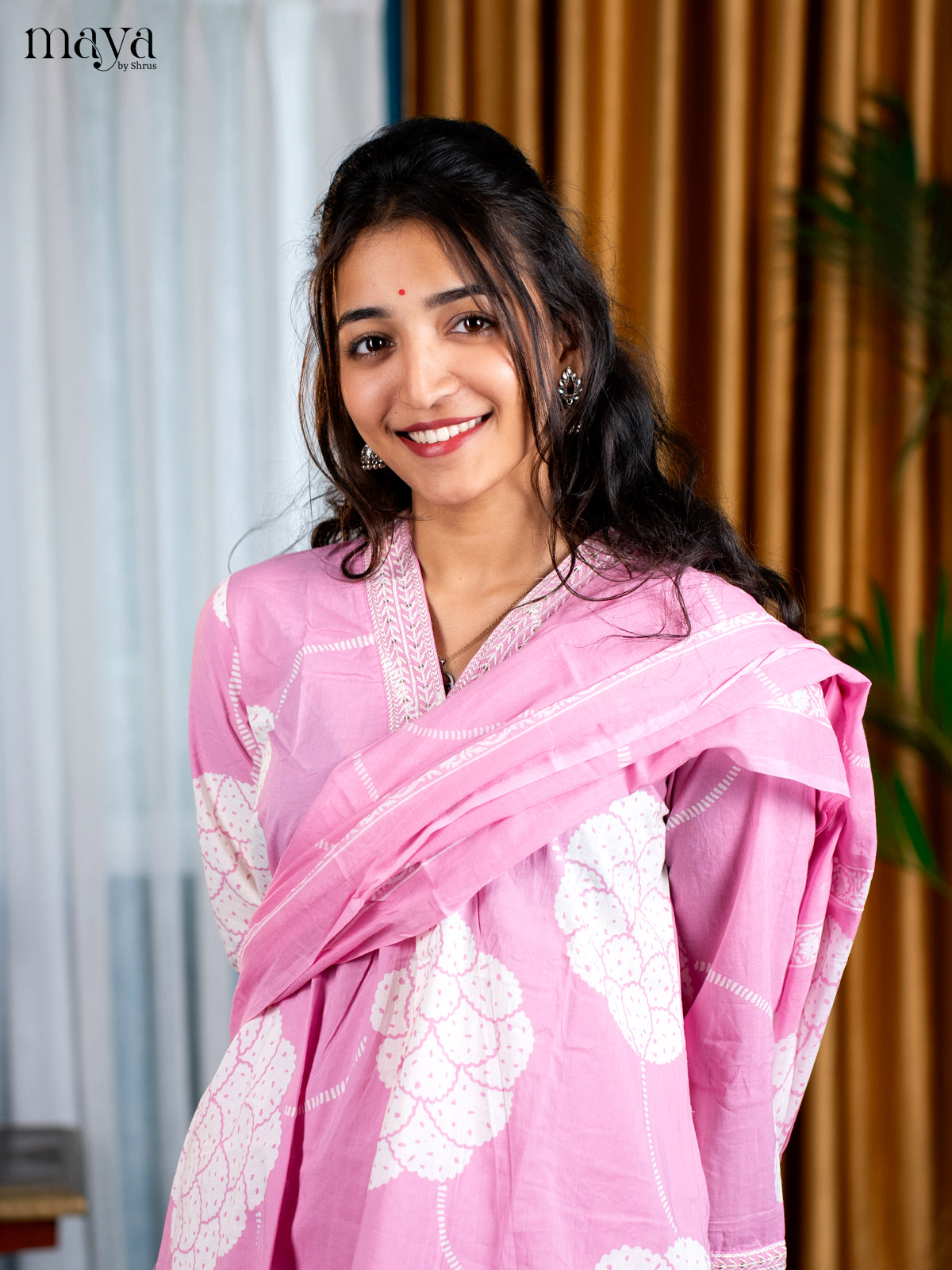 Pink Cotton 3pc Salwar Suit with Floral Print - Top, Bottom & Dupatta