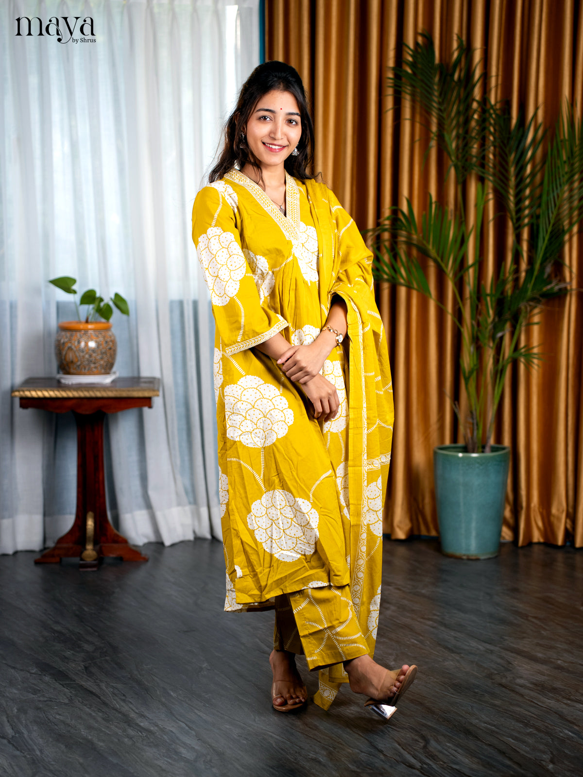 Mustard Cotton 3pc Salwar Suit with Floral Print - Top, Bottom & Dupatta