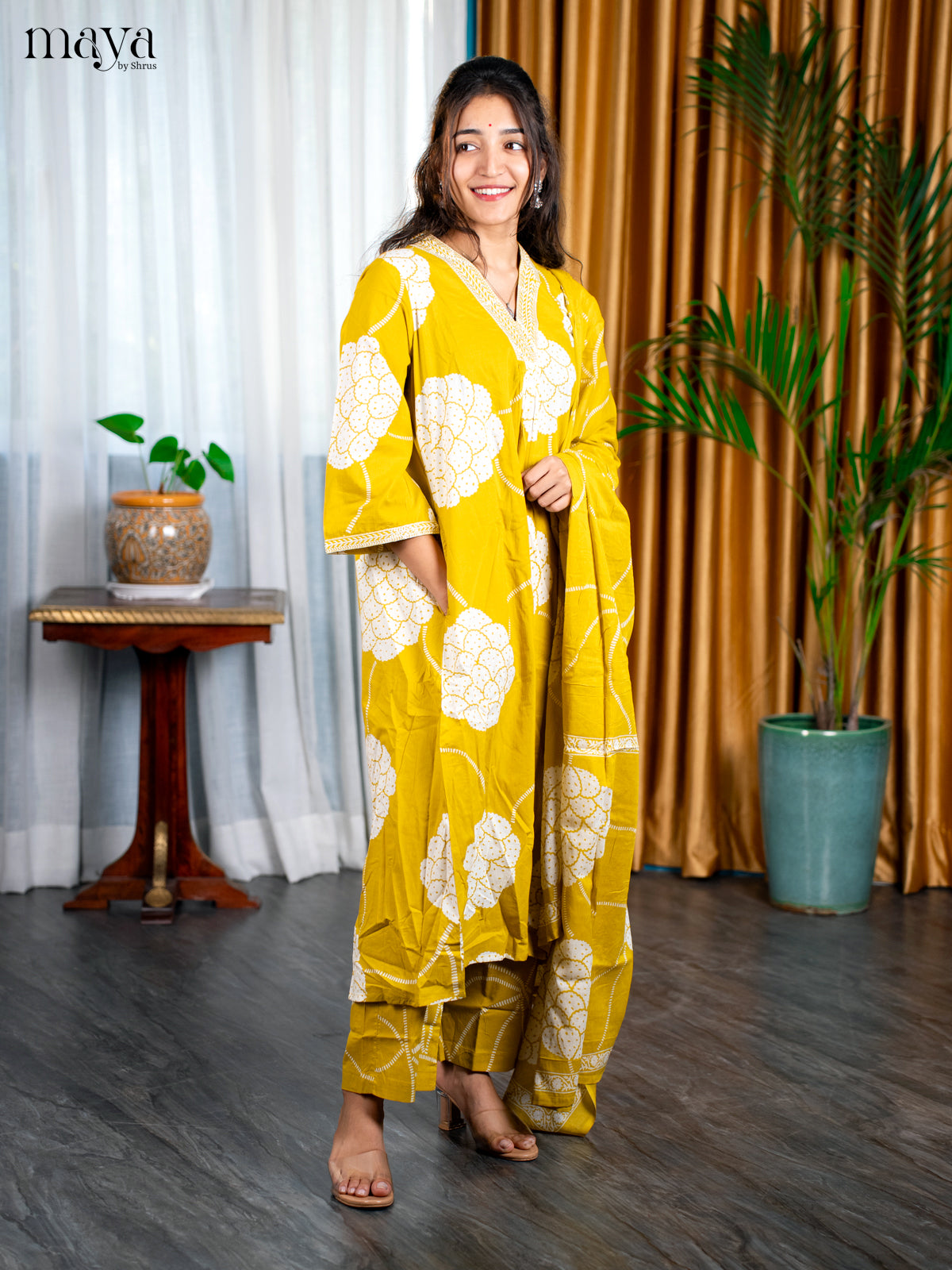 Mustard Cotton 3pc Salwar Suit with Floral Print - Top, Bottom & Dupatta