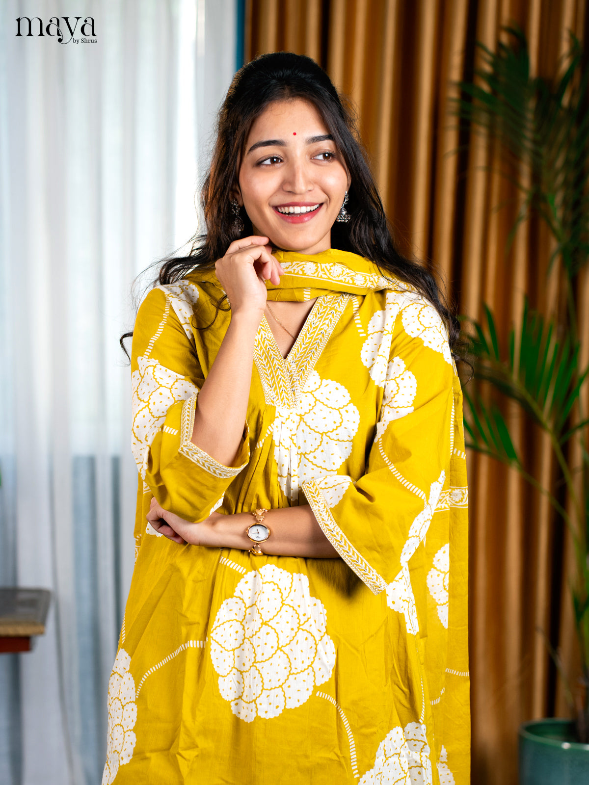 Mustard Cotton 3pc Salwar Suit with Floral Print - Top, Bottom & Dupatta