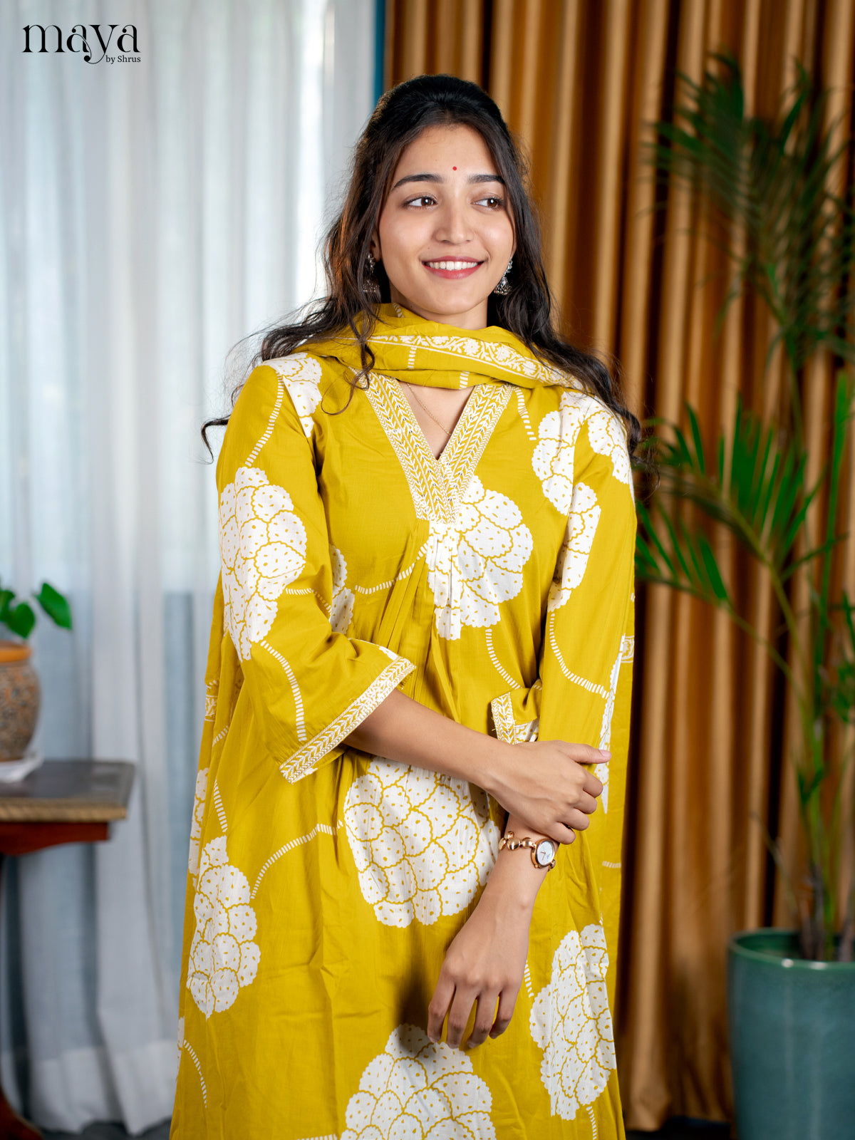 Mustard Cotton 3pc Salwar Suit with Floral Print - Top, Bottom & Dupatta