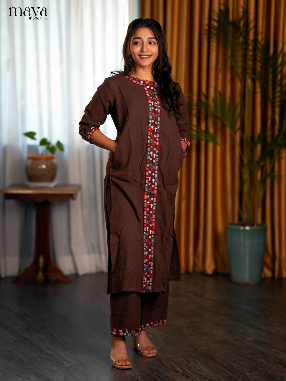 Dark Brown Cotton 2pc Embroidered Salwar Suit - Top & Bottom