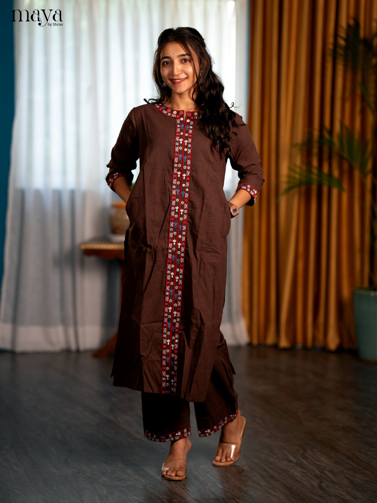 Dark Brown Cotton 2pc Embroidered Salwar Suit - Top & Bottom