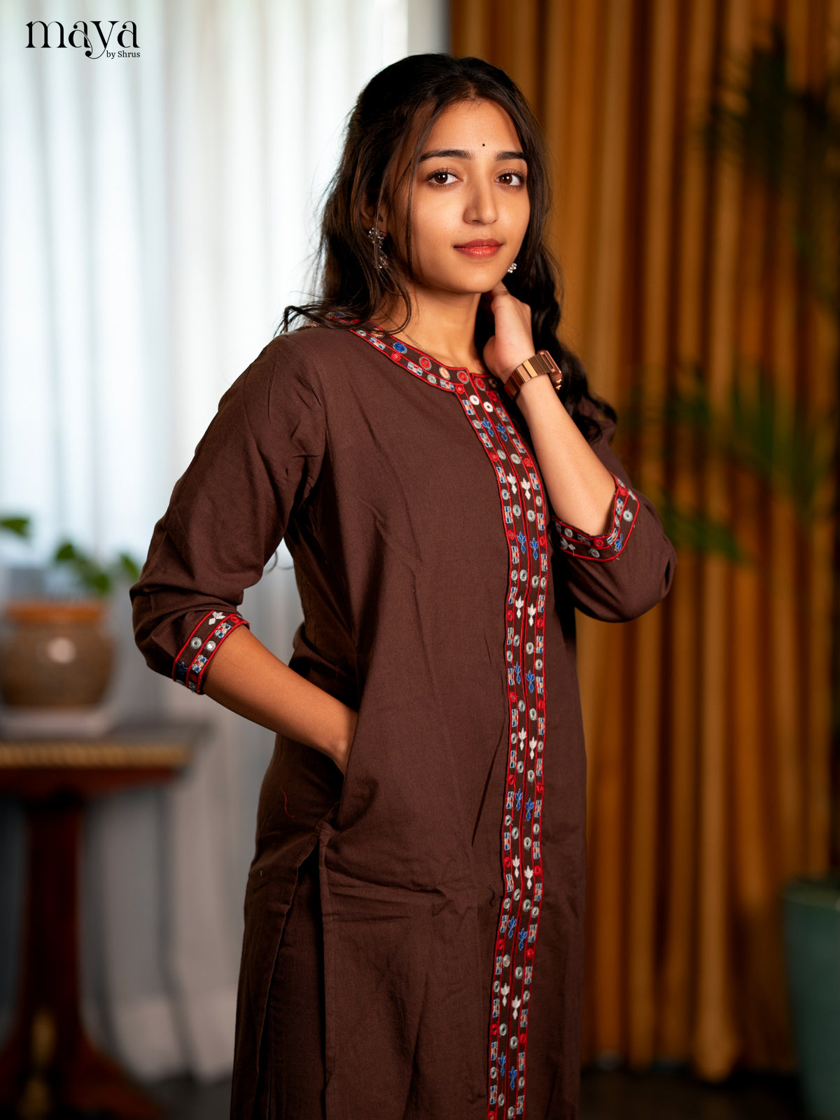 Dark Brown Cotton 2pc Embroidered Salwar Suit - Top & Bottom