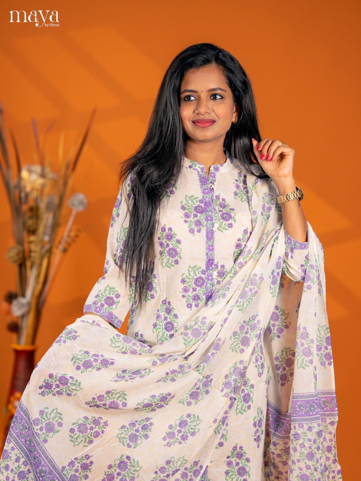 Cream with Orange Cotton 3pc Salwar Suit with Floral Print - Top, Bottom & Dupatta