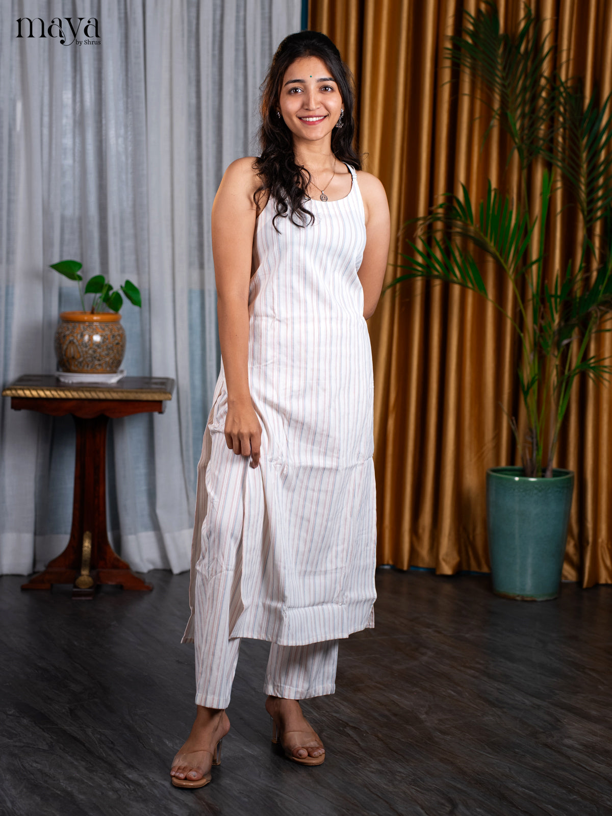 White Cotton 2pc Striped Salwar Suit - Top & Bottom