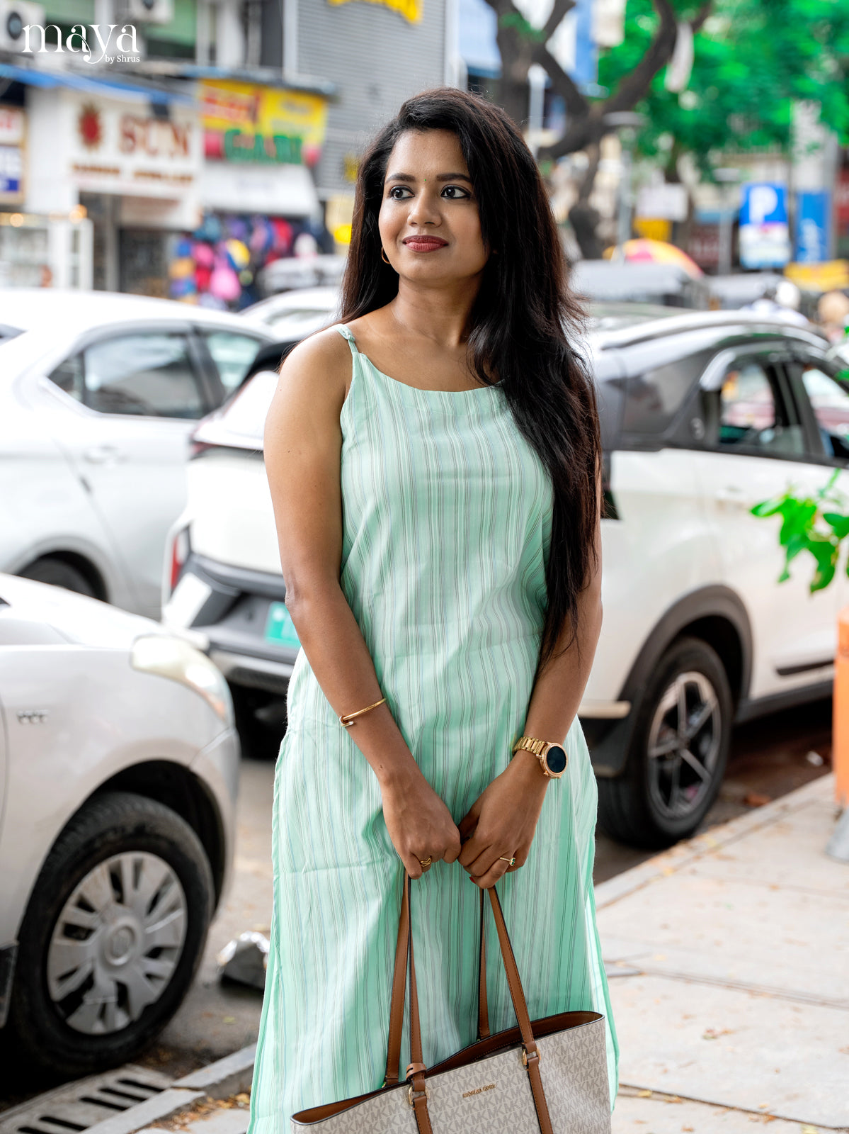 Pista Green Cotton 2pc Striped Salwar Suit - Top & Bottom