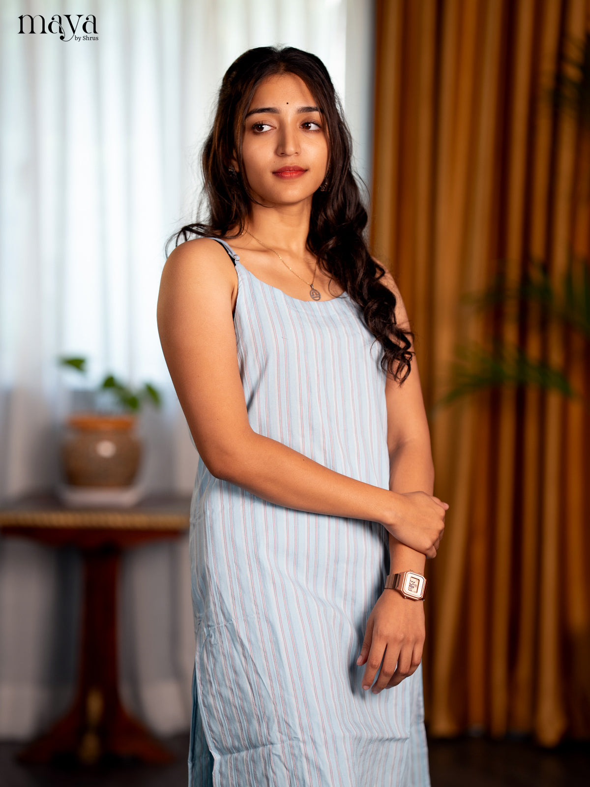 Sky Blue Cotton 2pc Striped Salwar Suit - Top & Bottom