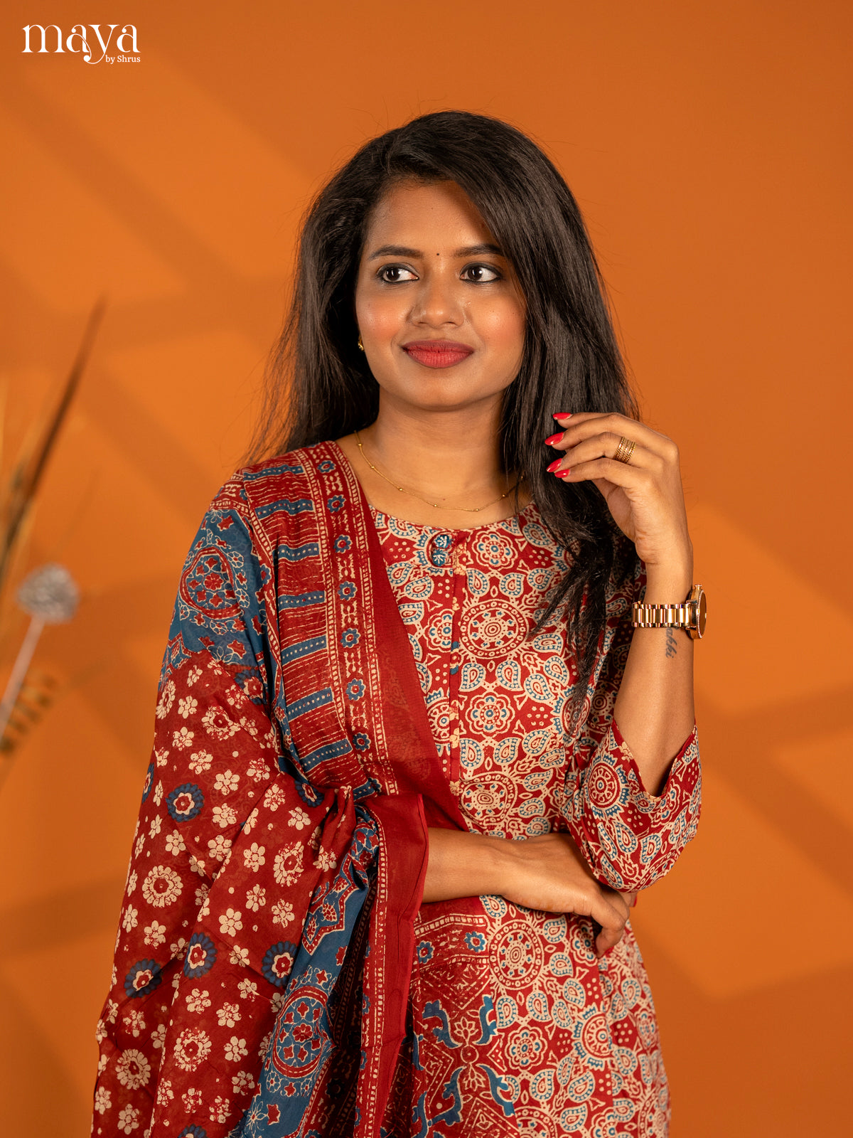Dark Red Cotton 3pc Salwar Suit with Ajrakh Print - Top, Bottom & Dupatta