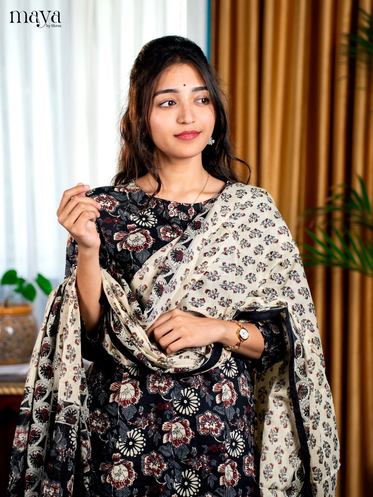Black Cotton 3pc Salwar Suit with Floral Print - Top, Bottom & Dupatta