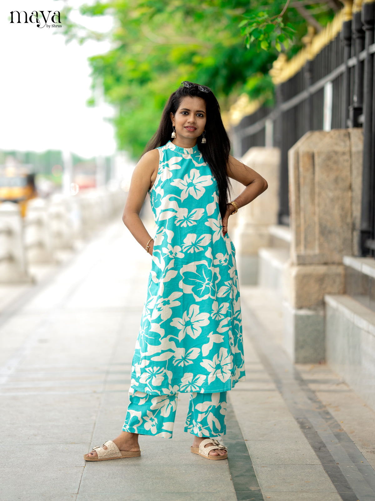 Teal Green Cotton 2pc Floral Print Salwar Suit - Top & Bottom