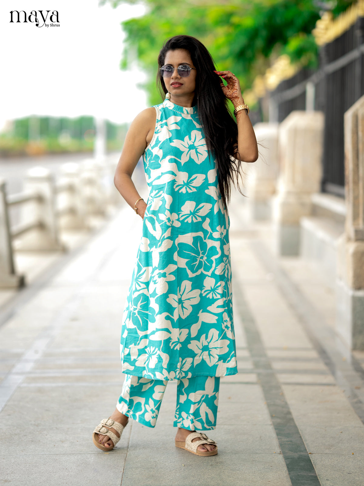 Teal Green Cotton 2pc Floral Print Salwar Suit - Top & Bottom