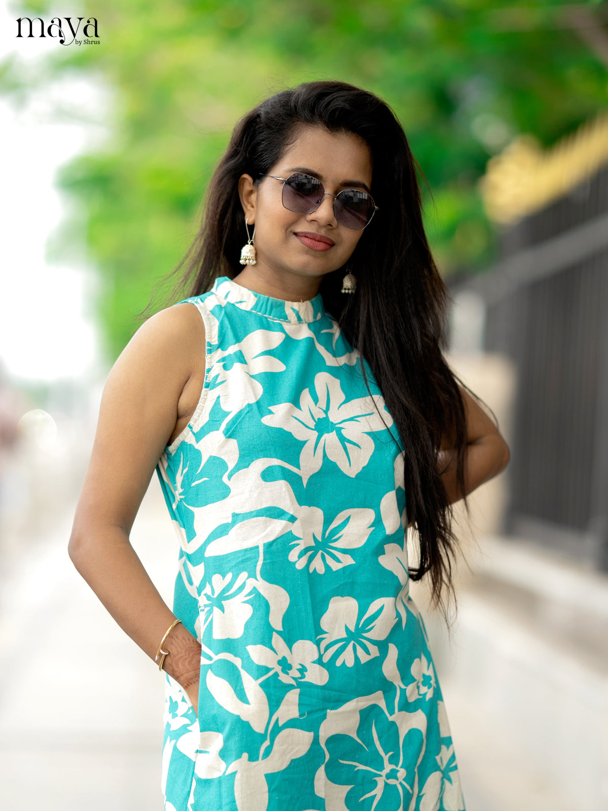 Teal Green Cotton 2pc Floral Print Salwar Suit - Top & Bottom