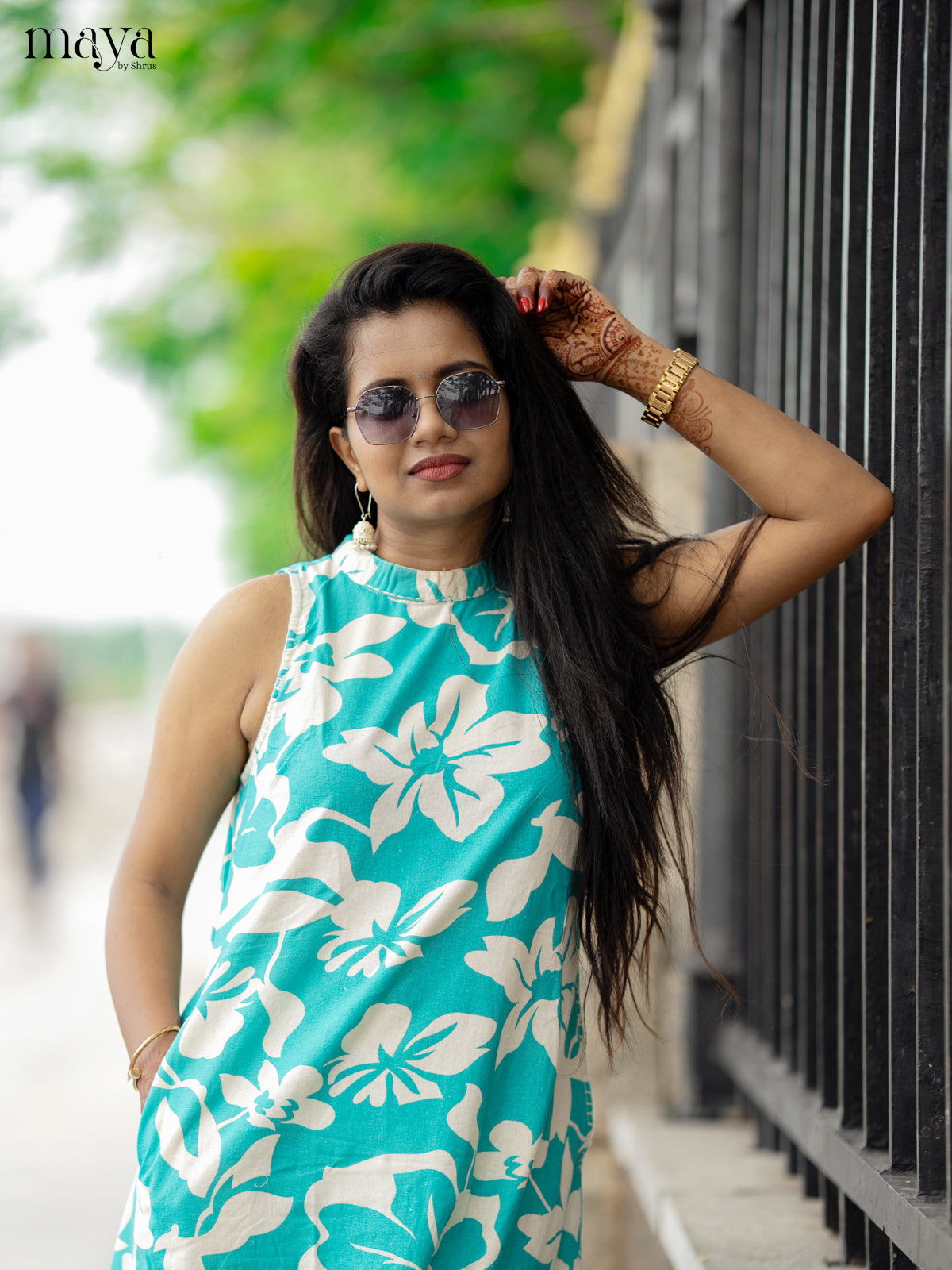 Teal Green Cotton 2pc Floral Print Salwar Suit - Top & Bottom