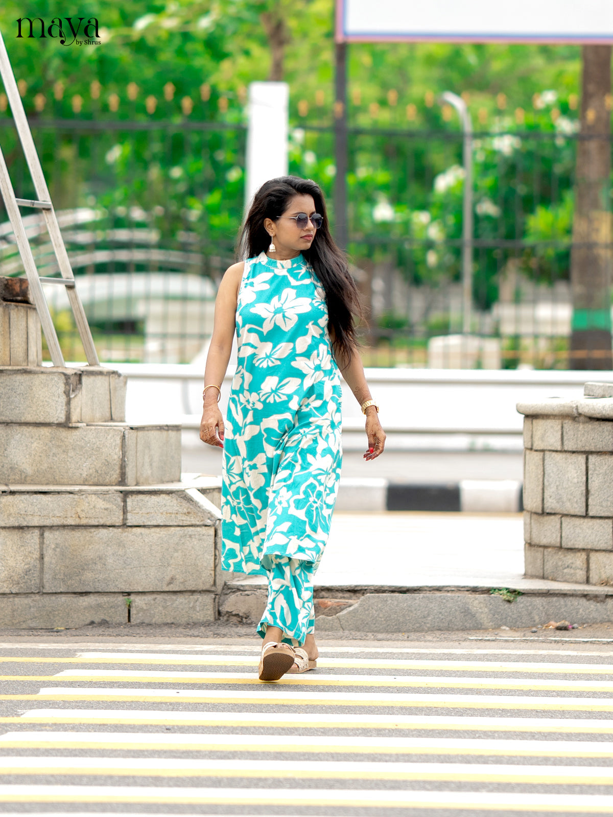 Teal Green Cotton 2pc Floral Print Salwar Suit - Top & Bottom