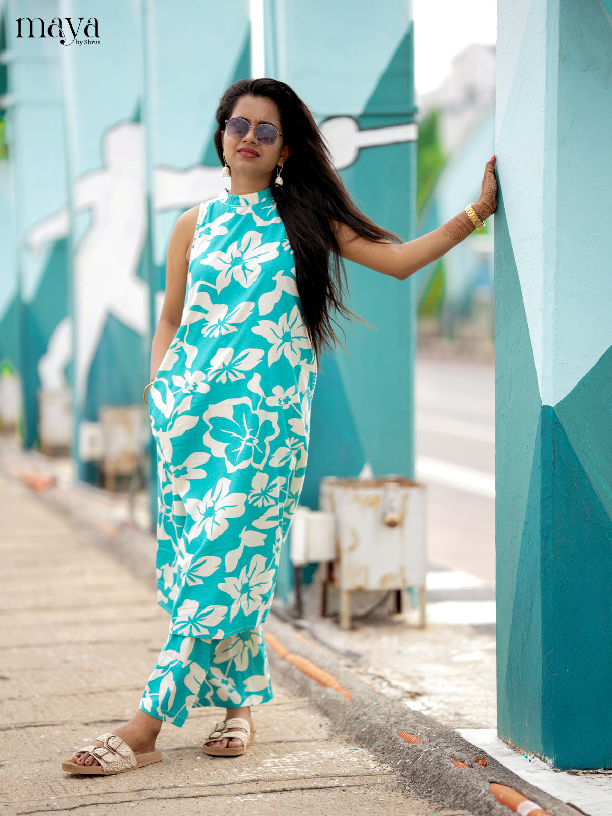 Teal Green Cotton 2pc Floral Print Salwar Suit - Top & Bottom