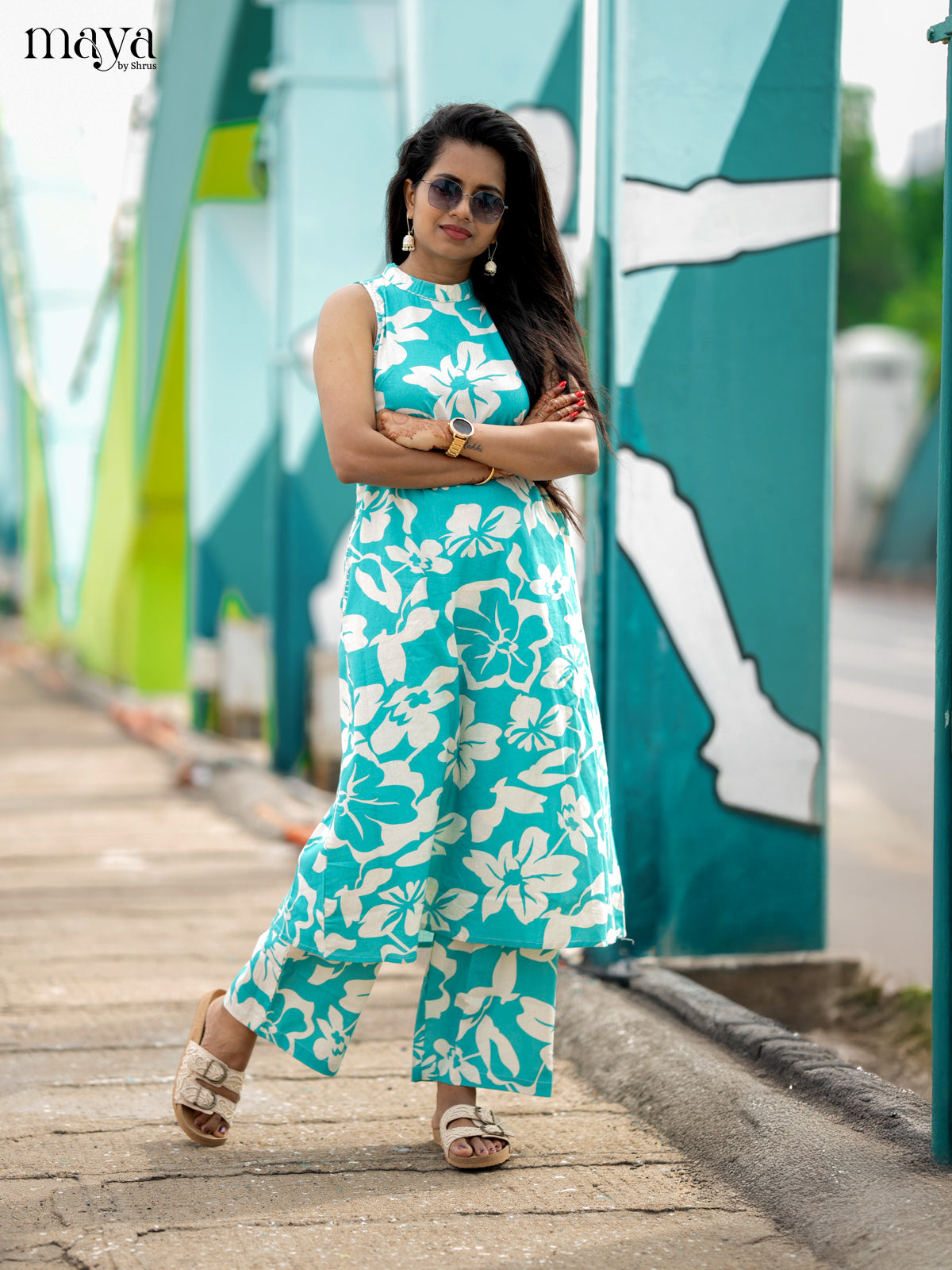 Teal Green Cotton 2pc Floral Print Salwar Suit - Top & Bottom