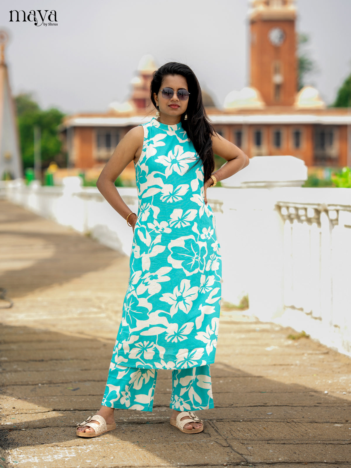Teal Green Cotton 2pc Floral Print Salwar Suit - Top & Bottom