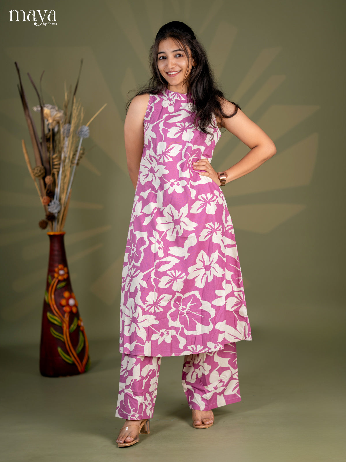 Onion Pink Cotton 2pc Floral Print Salwar Suit - Top & Bottom